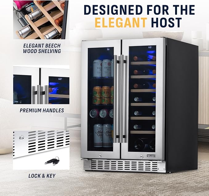 NewAir 24" Dual Zone Beverage Refrigerator & Wine Cooler for 18 Bottles & 60 Cans | Freestanding or Built-In Under Counter Mini Fridge for Beer, Wine and Soda | Stainless Steel