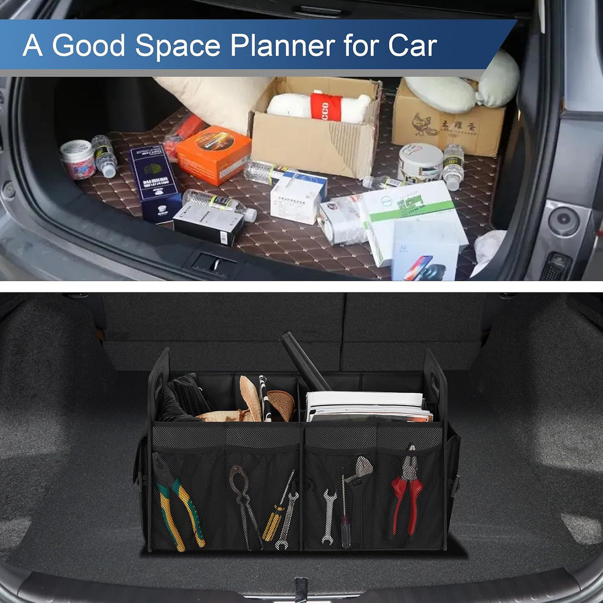 Femuar Car Trunk Organizer, Trunk Storage Organizer with 72L Large Capacity Waterproof Collapsible and 11 Pockets, Trunk Organizer for Suv/Jeep/Sedan, Large Size, Black