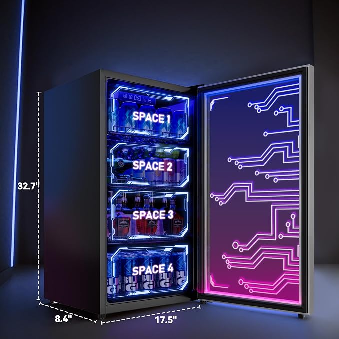 Cyberpunk Beverage Cooler, 130 Can Mini Fridge, LED Light Door, Gaming Room | Colorful LED Ambient Lighting, Freestanding for Bar & Party, Adjustable Shelves for Cans & Bottles