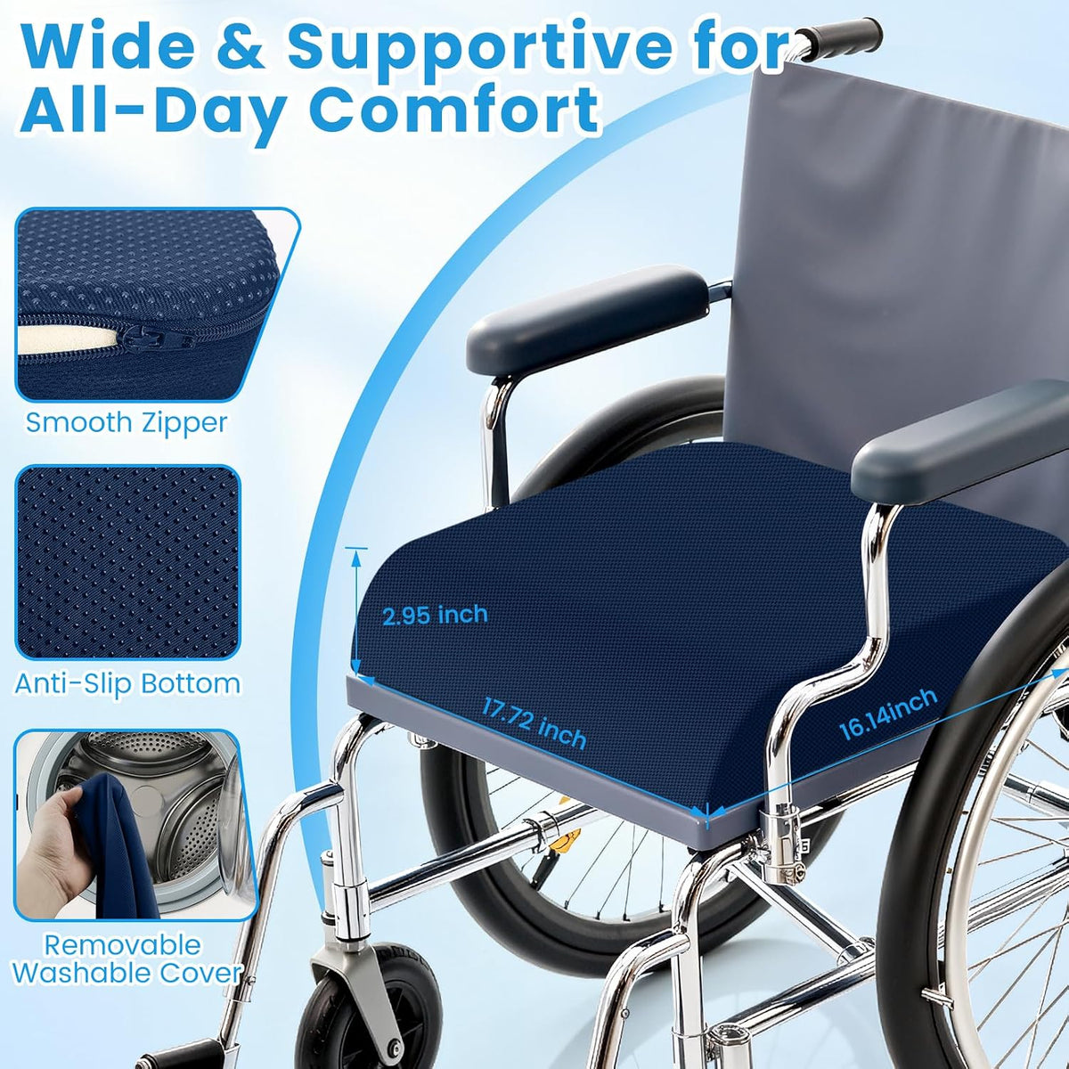 Wheelchair Seat Cushion - Cooling Gel & Memory Foam Office Chair Cushion with Non-Slip Bottom & Washable Cover, Ergonomic Car Seat Pillow for Sciatica, Tailbone, Back Comfort (Navy Blue)
