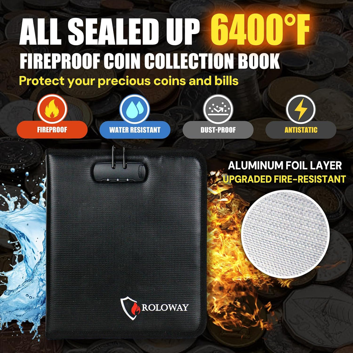 ROLOWAY Coin Collection Book 6400℉ Heat Insulated, 346 Pockets Fireproof Coin Book Holder and 36 Paper Currency Album with Aluminum Foil Layer, Money Saving Coin Collector Book with Lock (Black)