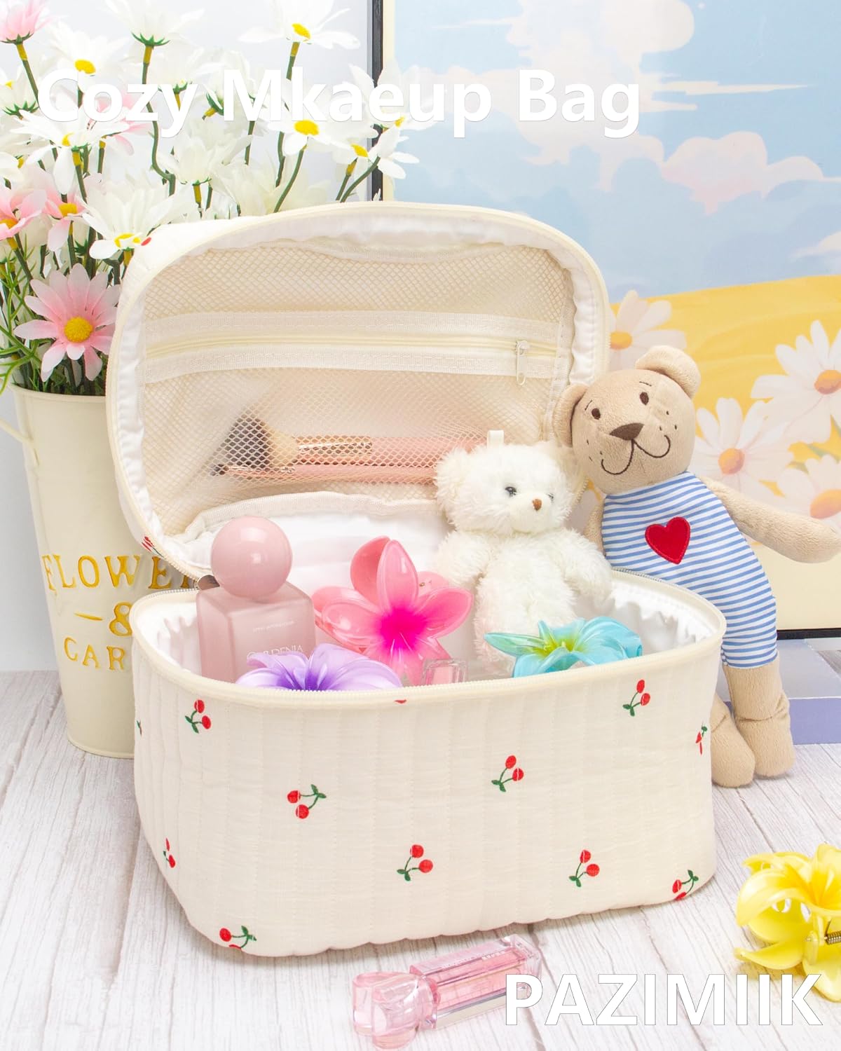 3 Piece Quilted Makeup Bag Set for Women,Cosmetic&Toiletry Bag,Cherry Beige