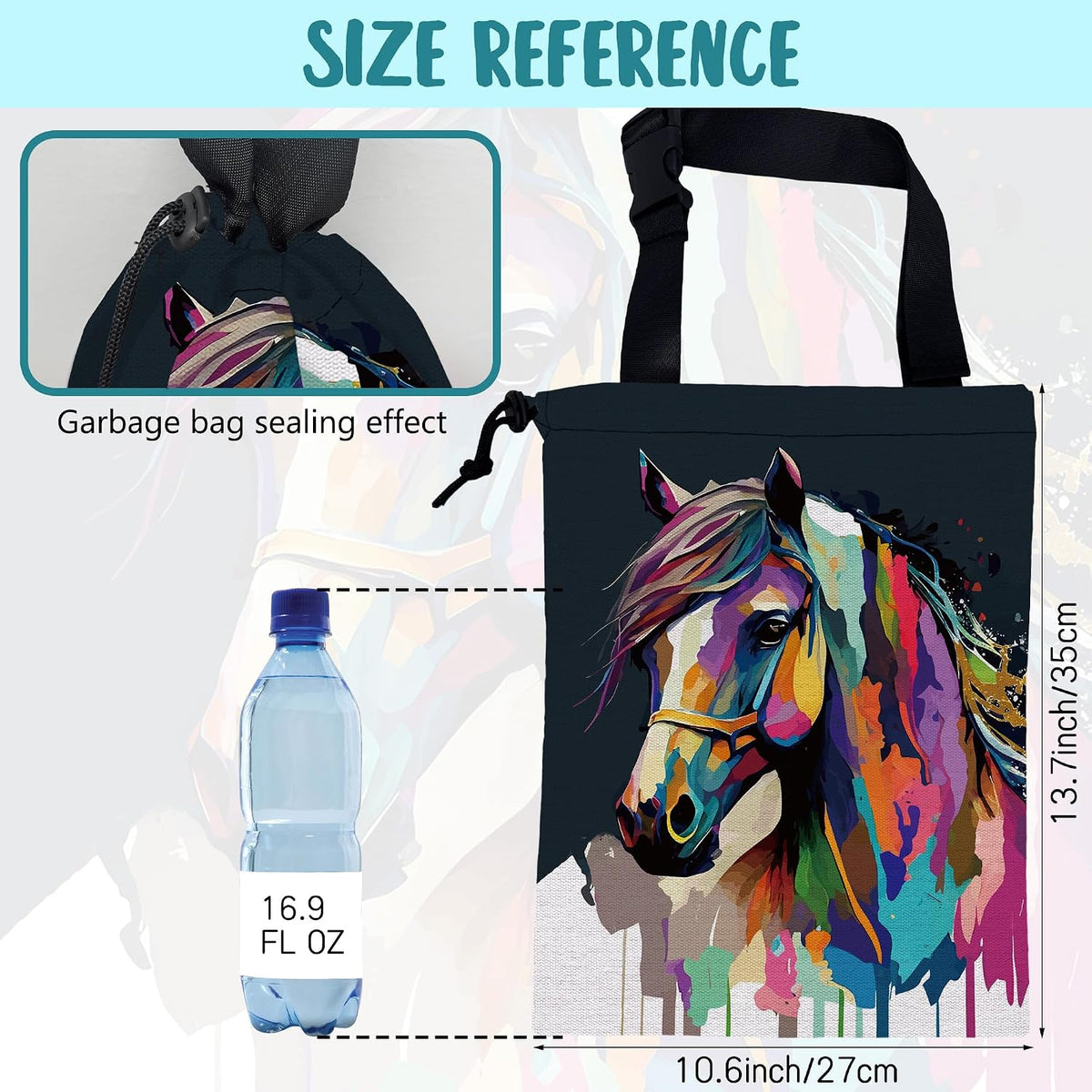 Car Garbage Bag Abstract Colorful Horse Drawstring Car Trash Bag Hanging for Back Seat with Adjustable Buckle Canvas Vehicle Trash Can Easy-to-Install