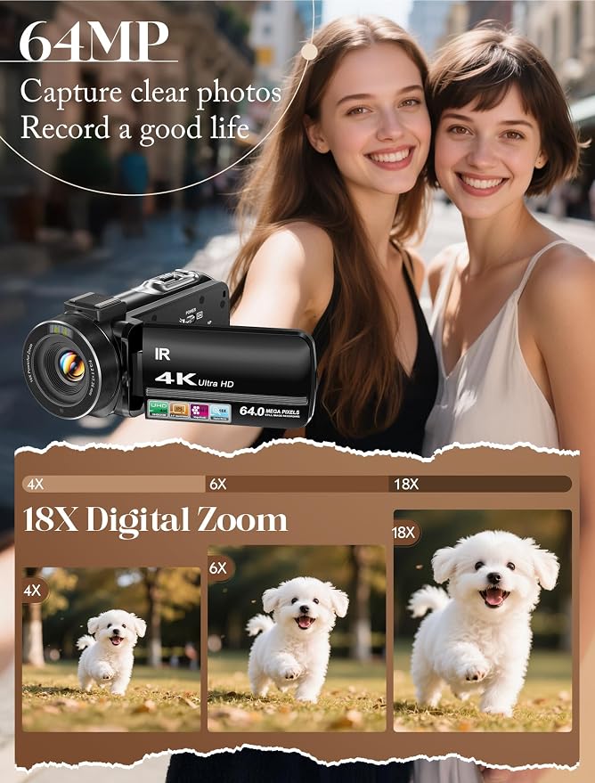ZYDIIE 4K Video Camera Camcorder UHD 64MP Vlogging Camera