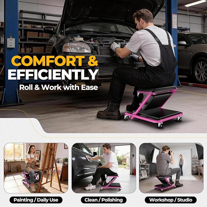 Auto Dynasty 36" Z-Creeper Seat, 2-in-1 Foldable Garage Creeper Shop Seat, 330 LBS Capacity Automotive Mechanic Repair Under Car Rolling Creeper Seat, Purple