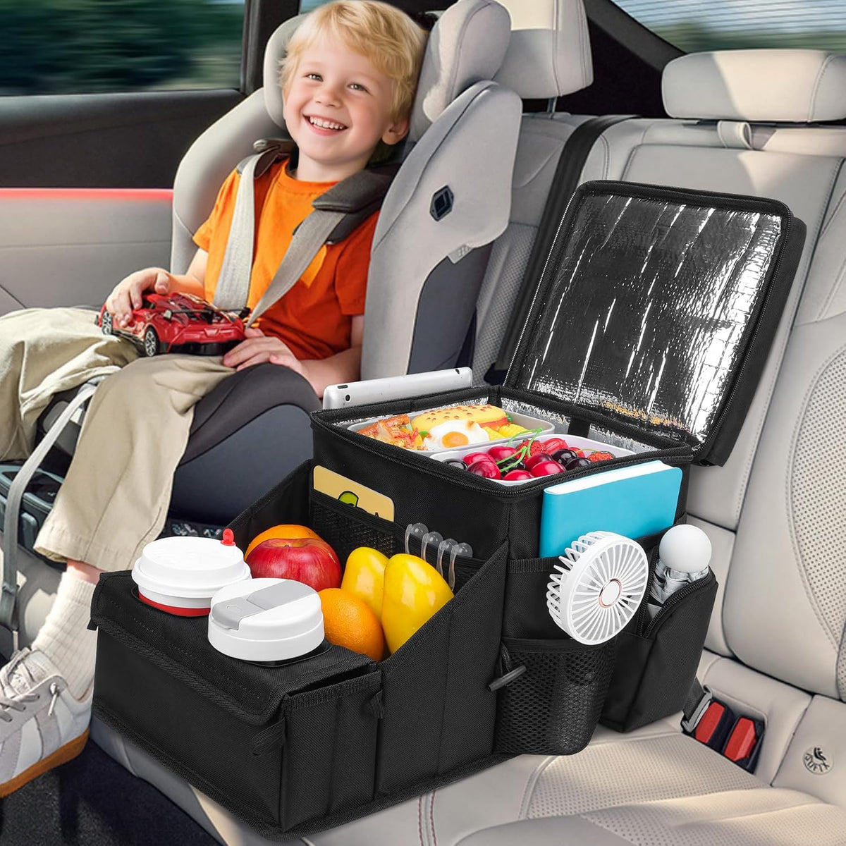 COOLBEBE Car Seat Organizer, Backseat Car Organizer with Cup Holders for Kids and Adults Travel, Cooler Compartment Passenger Seat Organizer Storage Box for Front or Middle Seat, Black