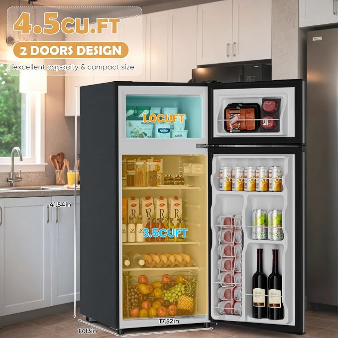 4.5 Cu.Ft Mini Fridge Freezer for Dorm/Office, 2-Door, Quiet | 4.5 cu ft mini fridge with separate freezer, quiet 38dB for sleep, 7-level thermostat, adj shelves, for dorm/office/kitchen.