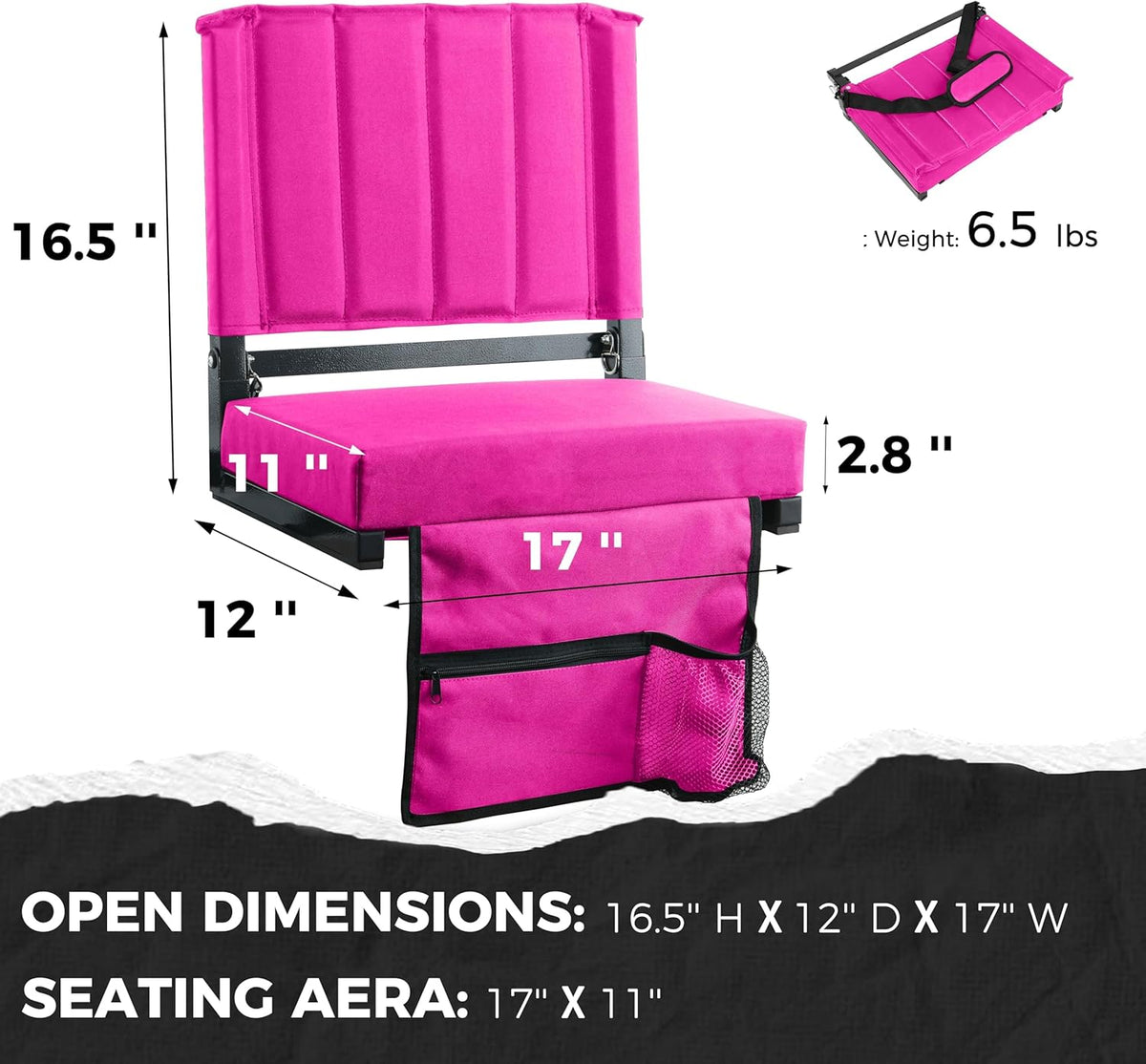 Sport Beats Stadium Seats - Comfortable Bleacher Chairs with Back Support & Thick Padding | Pink, 1pc Regular - 17" W x 12" D x 16.5" H