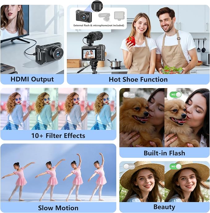 8K Digital Camera for Photography, 88MP HD WiFi Vlogging Camera for YouTube