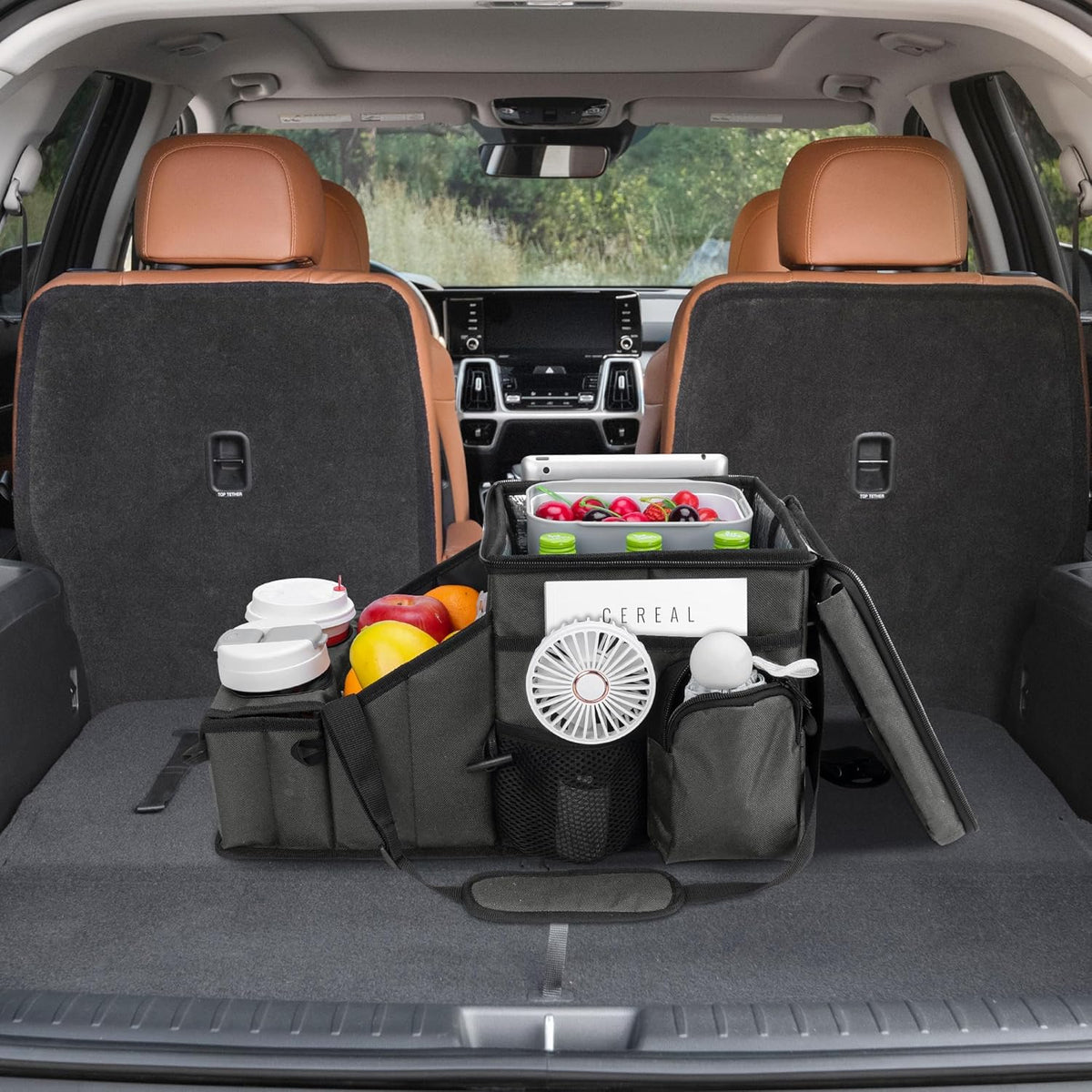 Car Front/Back Seat Organizer with Cup Holder, Movable Divider & Side Pockets, Insulated Compartment for Hot/Cold; Holds Bottles Firmly in Place, Non-slip, Easy-clean, Foldable with Strap