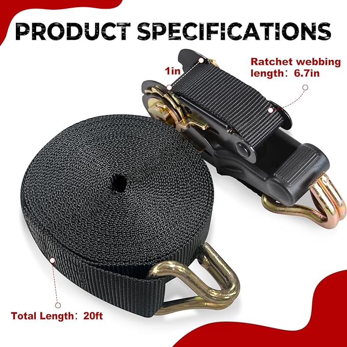 4 Packs Ratchet Straps Heavy Duty, 1" x 20' Ratchet Tie Down Straps with Double J Hooks | 2200lbs Break Strength for Moving, Securing Motorcycle, ATV, Kayak on Trailer, Truck Bed, Car Roof Rack