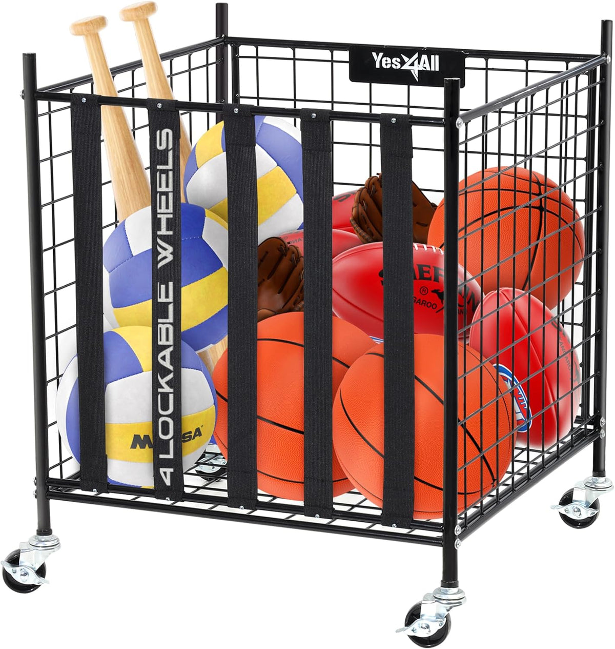 YES4ALL Rolling Ball Cart - Lockable Wheels Sports Equipment Organizer | Volleyball & Basketball Holder, Garage Storage Bin