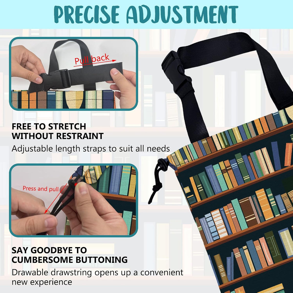 Car Trash Bag Books on Shelves Leak-Proof Car Garbage Bag with Drawstring Foldable Canvas Trash Bin with Adjustable Buckle for Car Accessories