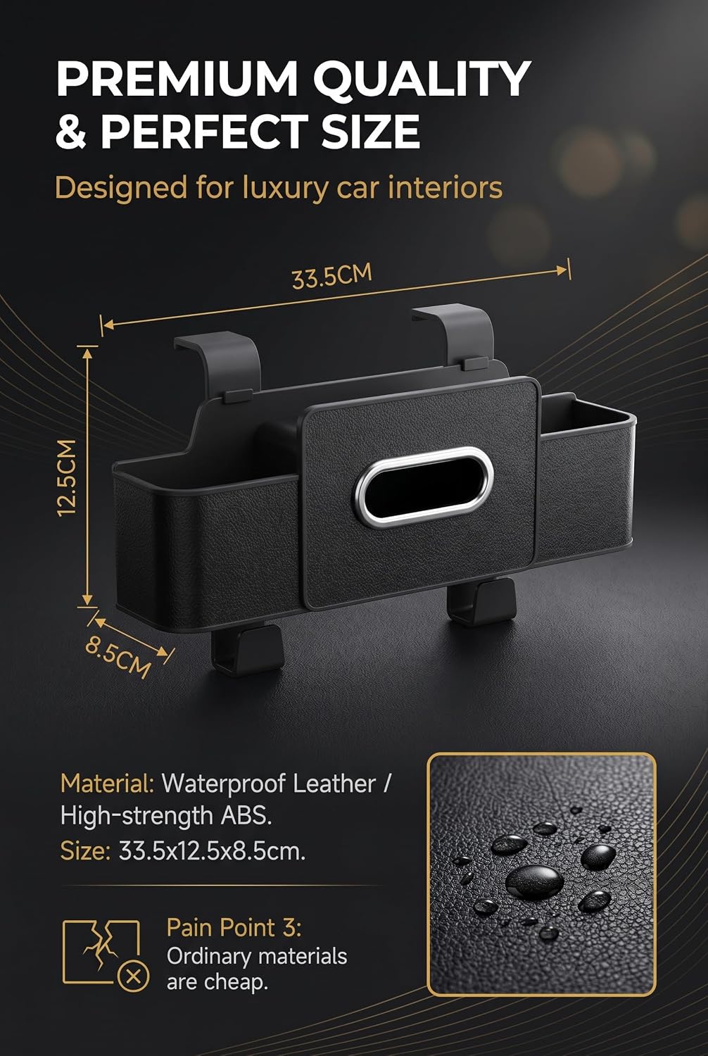3-in-1 Back Seat Car Organizer, Waterproof Car Tissue Holder with Cup Holder & Hooks, Multifunctional Storage Box for Hold Phones Snacks Drinks Handbags (Black)