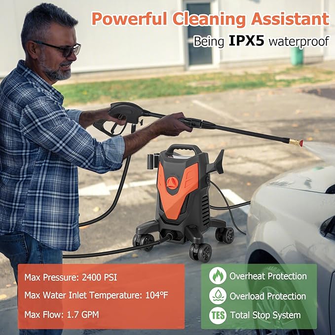 COSTWAY Electric Pressure Washer with 4 Universal Wheels, 2400 PSI High Pressure Cleaner Machine with 4 Nozzles and Soap Bottle, 1.7 GPM Portable Washer for Car, 3 Self-Priming Ways (Orange+Black)