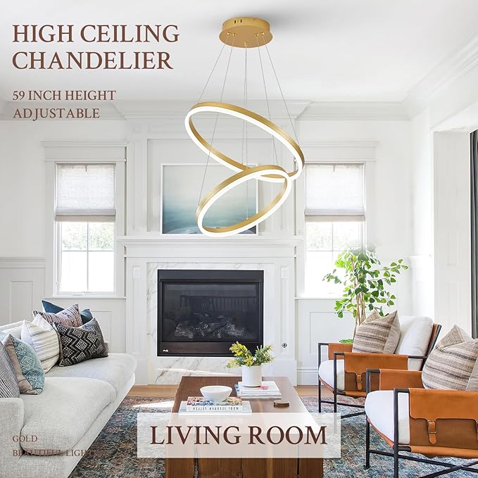 Modern LED Chandelier Gold 2-Rings Pendant Light Circular Flush Mount Ceiling