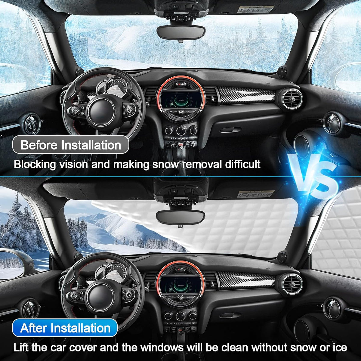6 Layers Windshield Snow Cover Universal Midsize Sedan/Compact SUV Protection Hail & Snow Shield | Scratch-Free Hooks + Reflective Strips + Mirror Covers