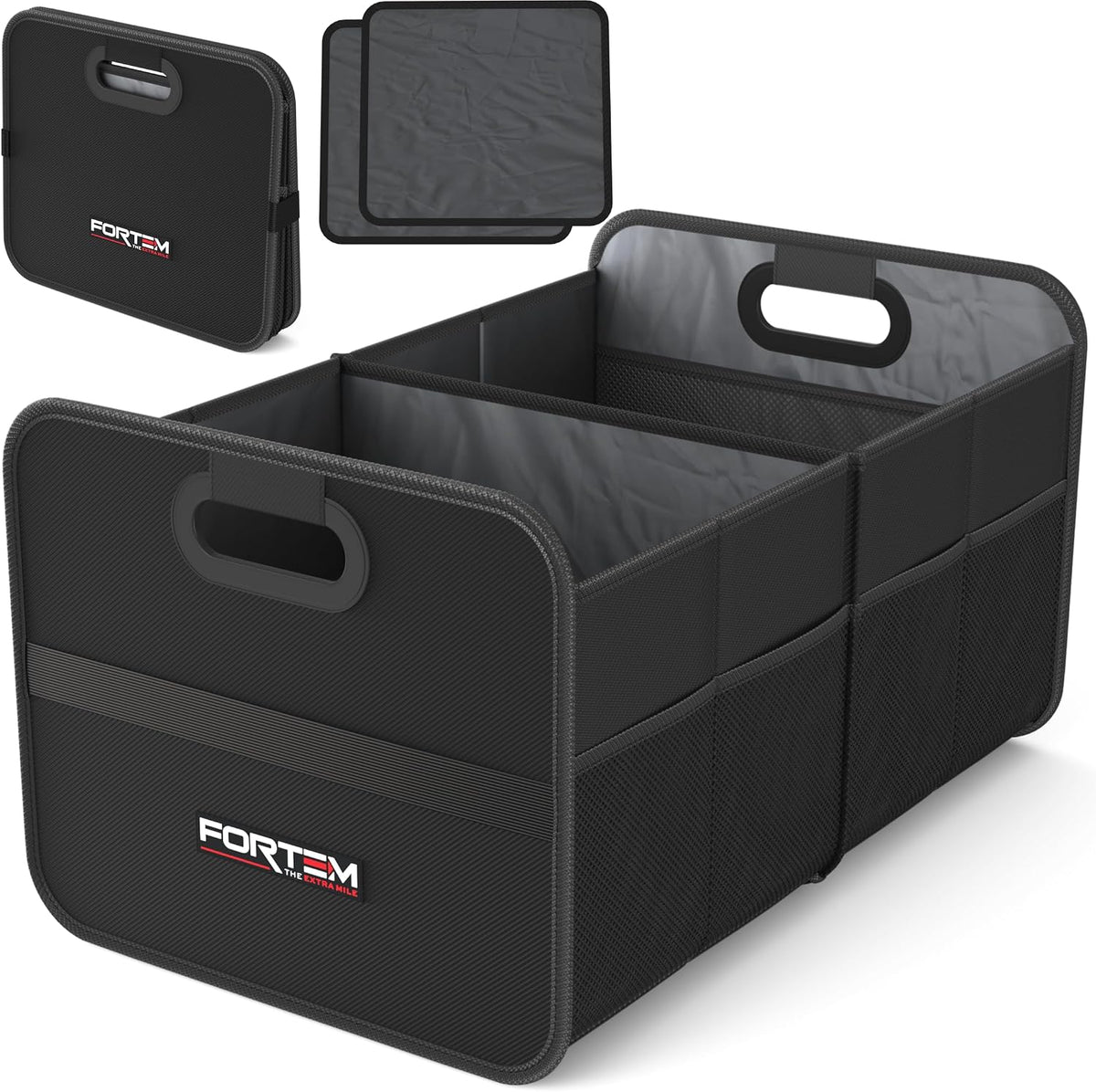 FORTEM Car Trunk Organizer, Collapsible Two Compartment Organizer, Foldable SUV & Truck Storage for Car Accessories for Women Men, Non Slip Bottom, Sturdy Side Walls, Strong Handles, 45L
