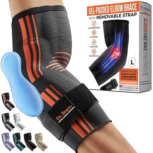 DR. BRACE® Elite Elbow Brace Support, Breathable Elbow Compression Sleeve with Gel Pad for Golfer's, Tennis Elbow & Tendonitis Treatment & Pain Relief 2024 (Grey-Orange, Large)