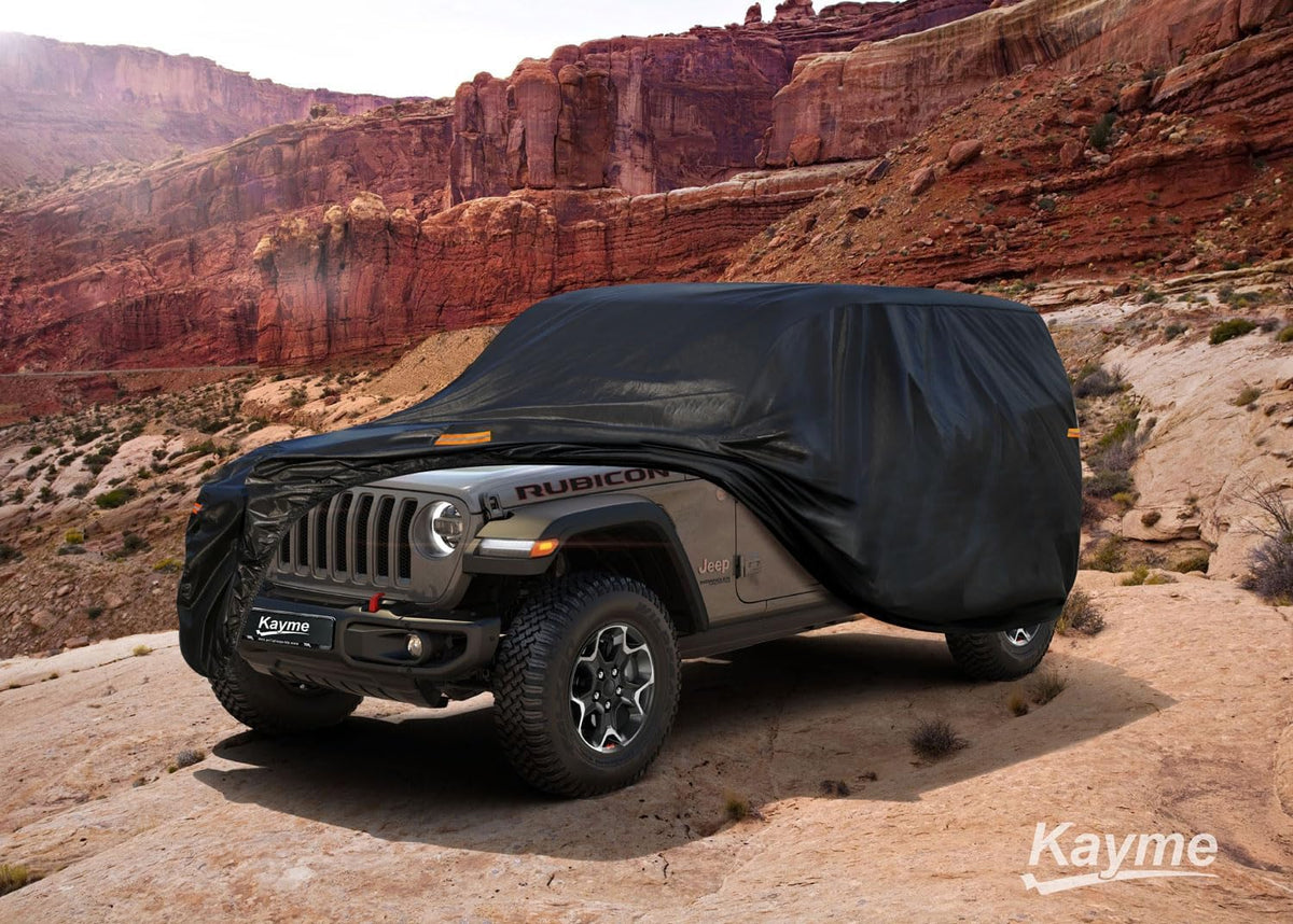 Kayme 7 Layers Car Cover Custom Fit for Jeep Wrangler 4 Dr/Unlimited 4 Door JK JL, Waterproof All Weather for Automobiles, Outdoor Full Cover Rain Sun UV Protection.Black