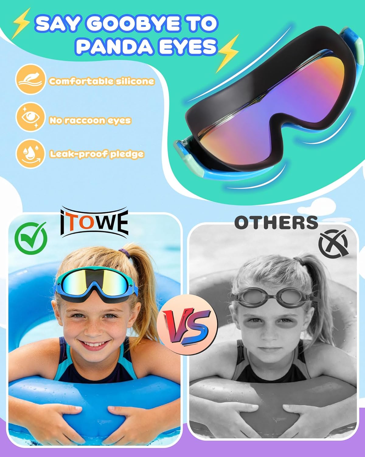 Skiennix Wide View Swimming Goggles - No Leak Design with Anti-Fog & UV Protection | Kids 3-15 Years