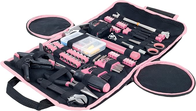 86-Piece Tool Set - Household Tool Kit with Screwdrivers, Pliers, Wrenches, Clamps, and Roll-Up Bag - For the Home, Office, or Car by Stalwart (Pink)