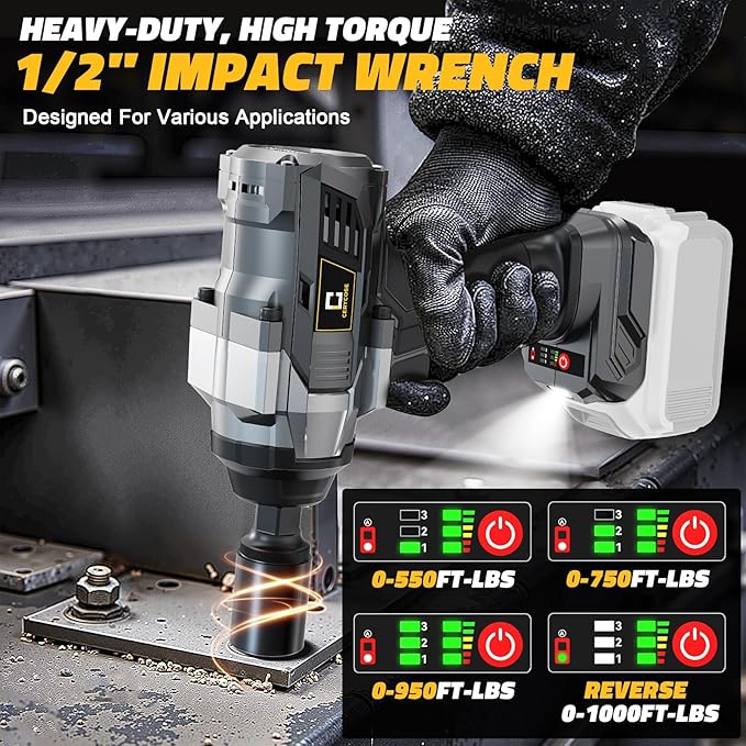 Cerycose Cordless Impact Wrench 1000FT-LBS Compatible with Dewalt Battery, 1/2 inch Brushless Electric 1360N.m Impact Gun Includes LED Work Light, High Torque Impact Driver, Bare Tool Only