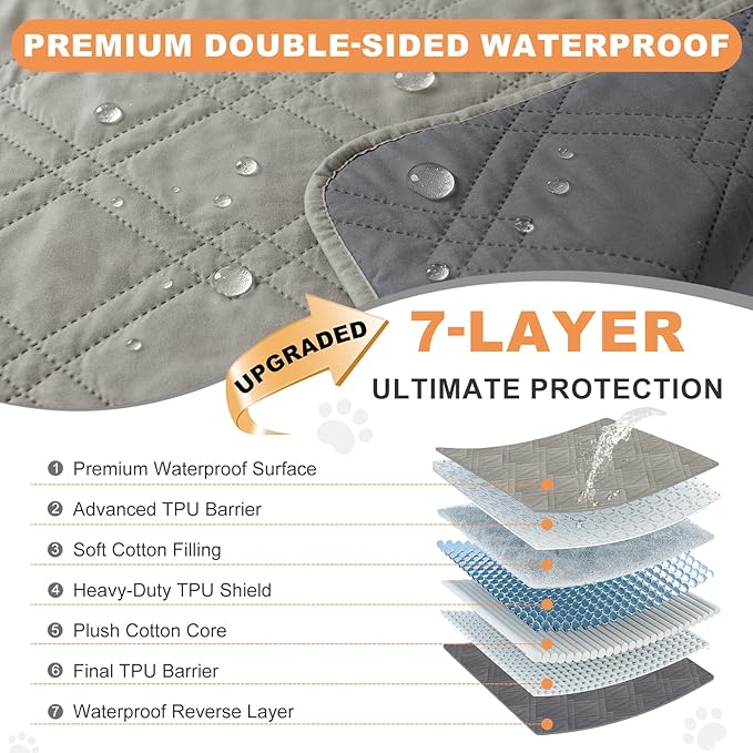 100% Waterproof Dog Couch Protector, Triple-Layer Waterproof Dog Bed Cover Pet Blanket Reversible 2-Tone Sofa Shield, Non-Slip Furniture Guard for Pets(42×50 Inch, Light Gray+Gray)