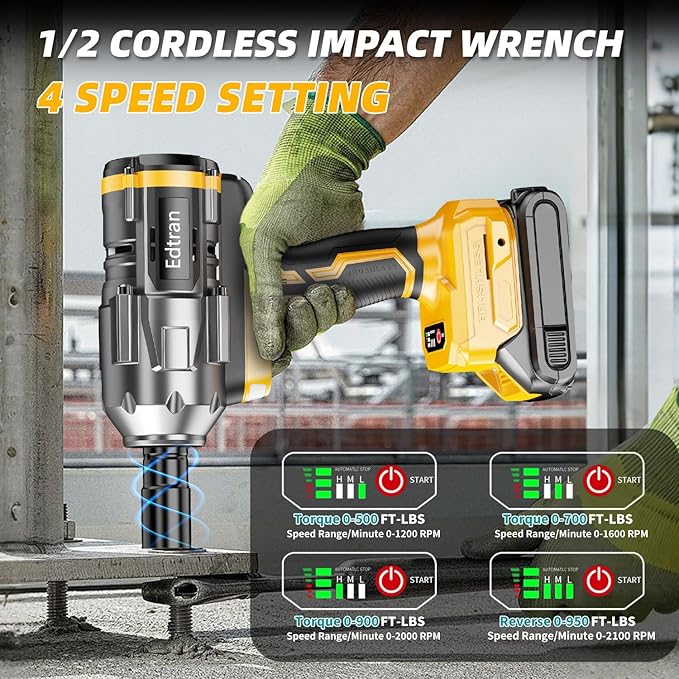 Cordless Impact Wrench 1/2 For Dewalt 20V Battery,1500Nm/1106FT-LBS Brushless Impact Driver,4-Speed Impact Drill Gun Tool 2100 RPM High Torque With 5 Sockets for Automotive/Motorcycle Repair