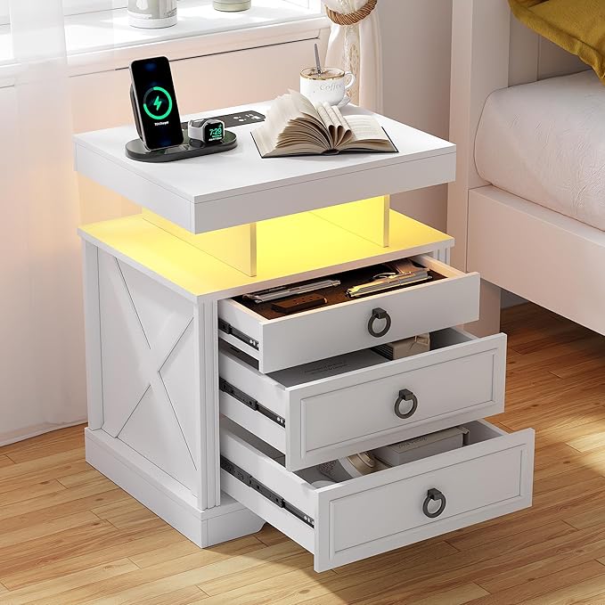 HNEBC Night Stand with Gun Drawers, Farmhouse Nightstand with Charging Station, Secret Bedside tabel with 3 Color Auto Light, Smart End Table with Hidden Storage for Bedroom Furniture-White