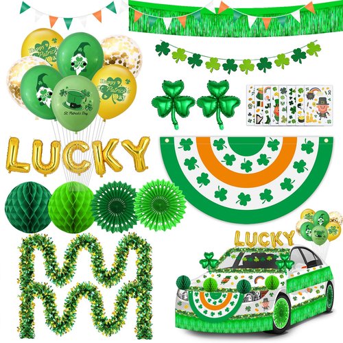 56pcs St. Patrick's Day Golf Cart Parade Decorations Kit, Saint Patrick's Car Decor Set-Irish Flag Tinsel Garlands Shamrock Balloons&Banners Crepe Paper Fans Stickers for Irish Festival Decor Supplies