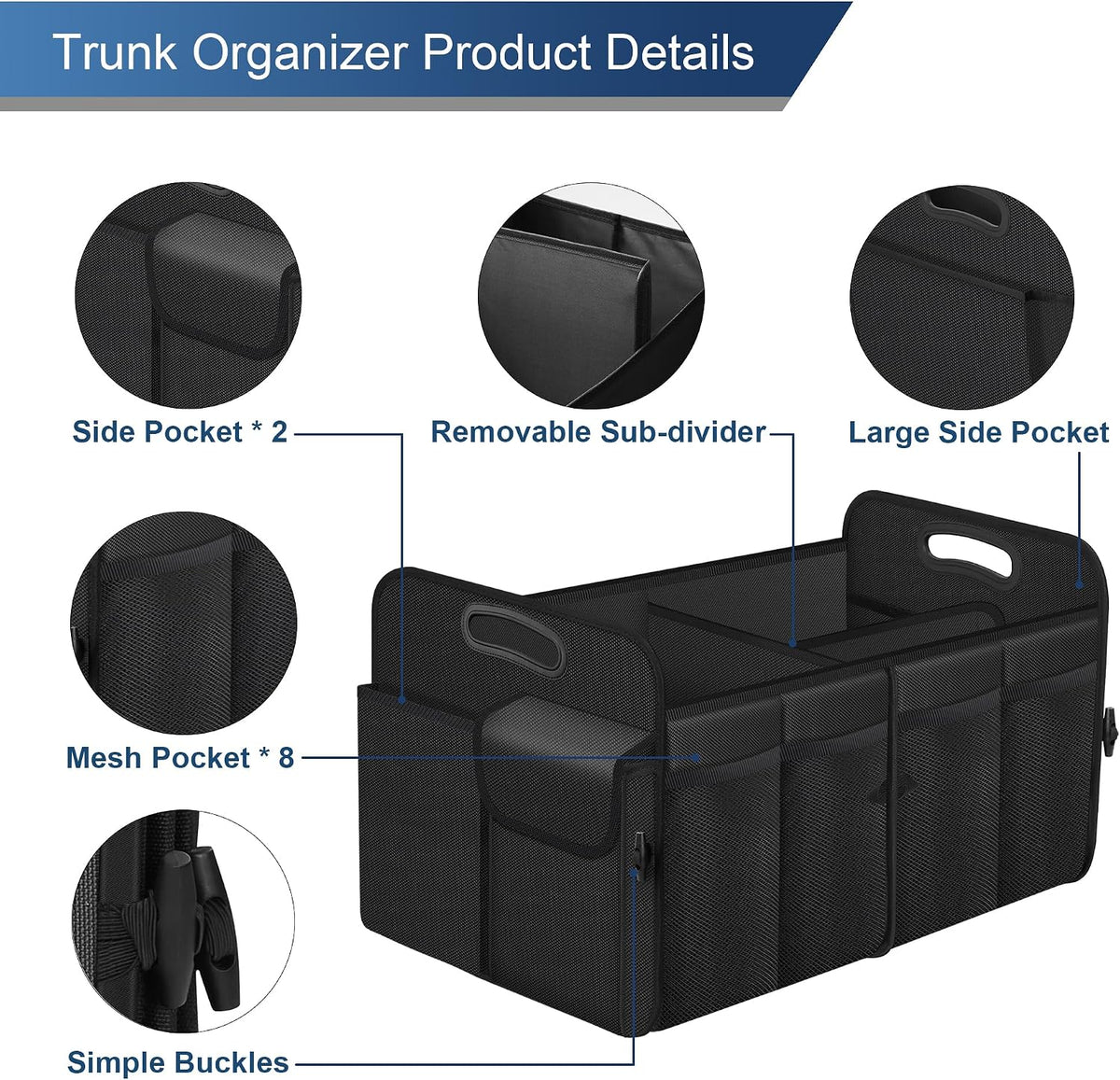 Femuar Car Trunk Organizer, Trunk Storage Organizer with 72L Large Capacity Waterproof Collapsible and 11 Pockets, Trunk Organizer for Suv/Jeep/Sedan, Large Size, Black