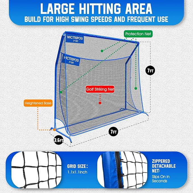 Golf Hitting Net with Extra Striking Net, 10x7ft/7x7ft Heavy Duty Golf Practice Nets for Golfers Backyard Driving Swing, Golf Impact Cage Metal Frame with Storage Bag&Elevated Base, Indoor Outdoor Use