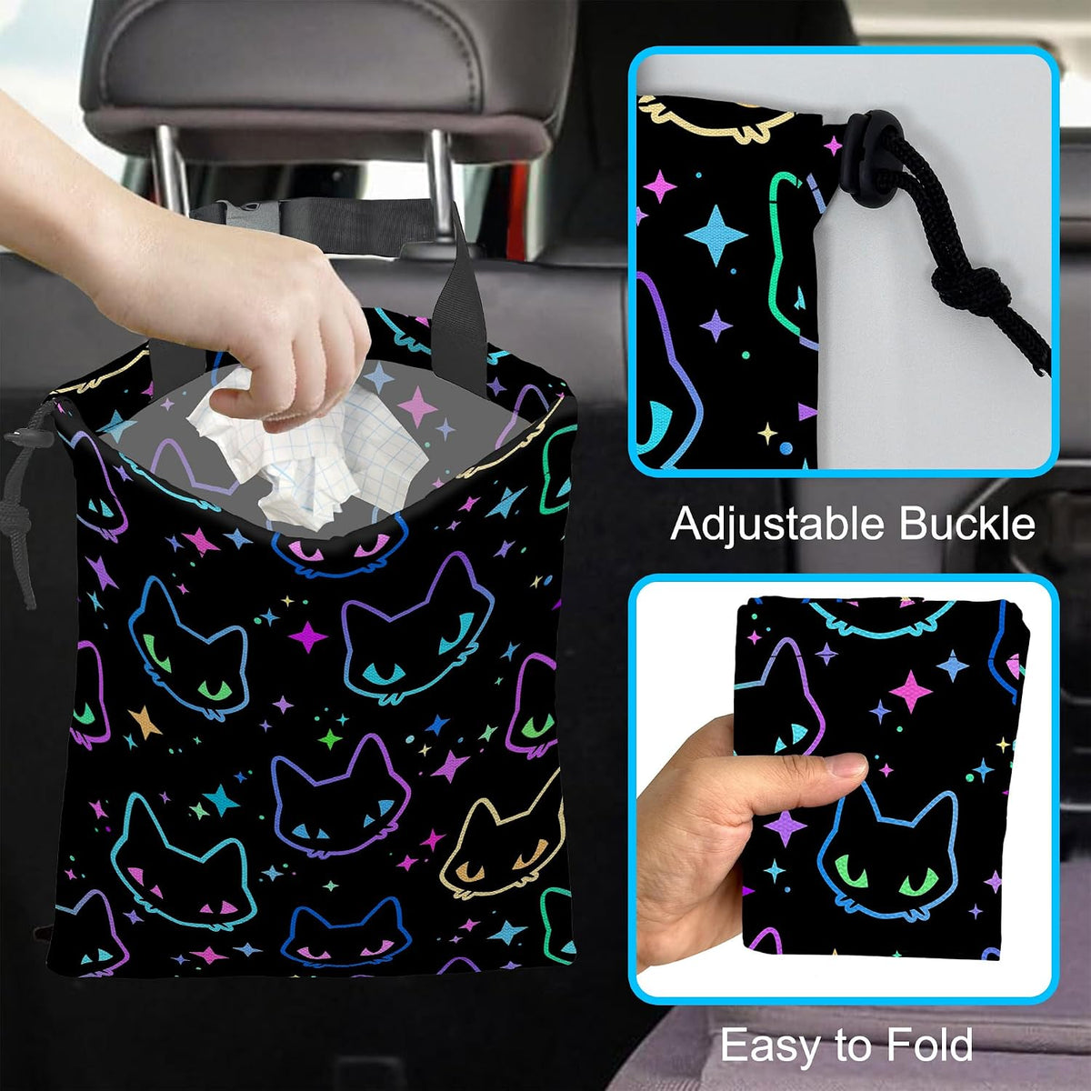 Car Trash Bag Colorful Neon Cat Heads Car Garbage Bag Hanging Car Trash Can for Back Seat with Drawstring, Waterproof Garbage Bags for Accessories Vehicle Travelling Camping Outdoor
