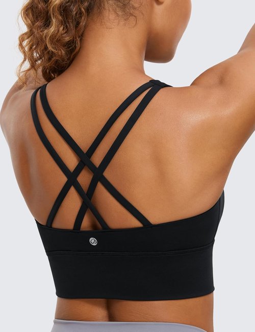 CRZ YOGA Strappy Longline Sports Bra - Medium Impact Criss Cross Padded Crop Top for Women