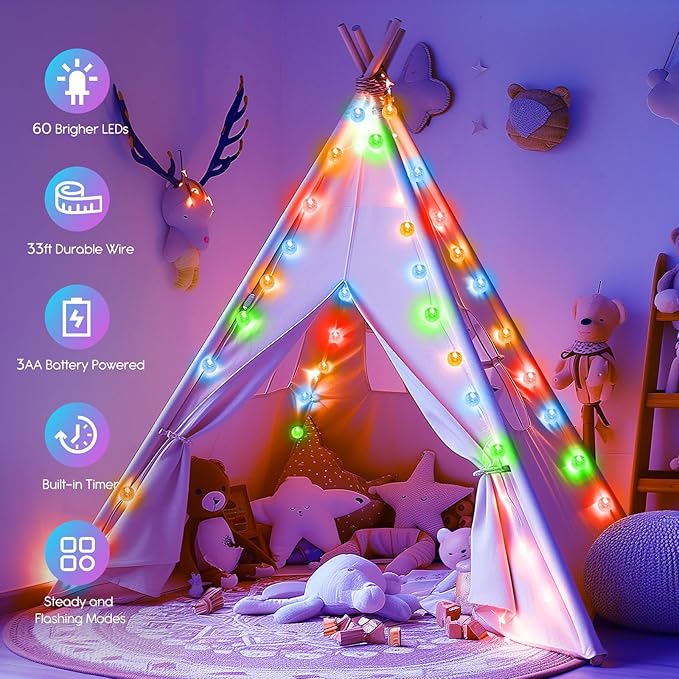 Minetom Crystal Globe String Lights Battery Operated - 33 ft 60 LED Globe Fairy Lights with Remote and 8 Modes, Waterproof for Bedroom Tent Loft Camping Porch Patio Party Wedding Decor, Multicolor