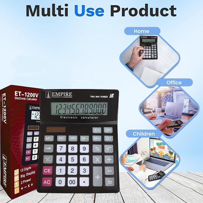 Empire Desk Calculator with Large Key Buttons, 12-Digit Large Eye-Angled Display