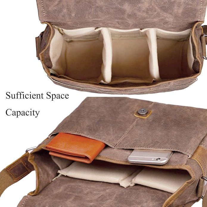 SLR Camera Bag, Waterproof Wax Canvas Bag Vintage Camera Case Messenger Bag