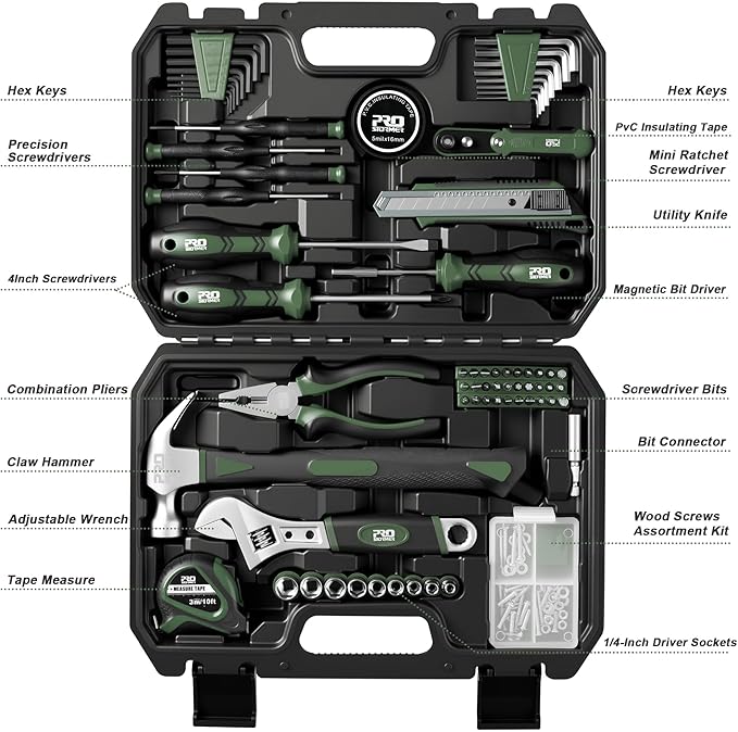 Prostormer 160-Piece Home Repair Tool Set, General Household Hand Tool Kit with Toolbox Storage Case for House, Garage, College Dorm and Office (Green)