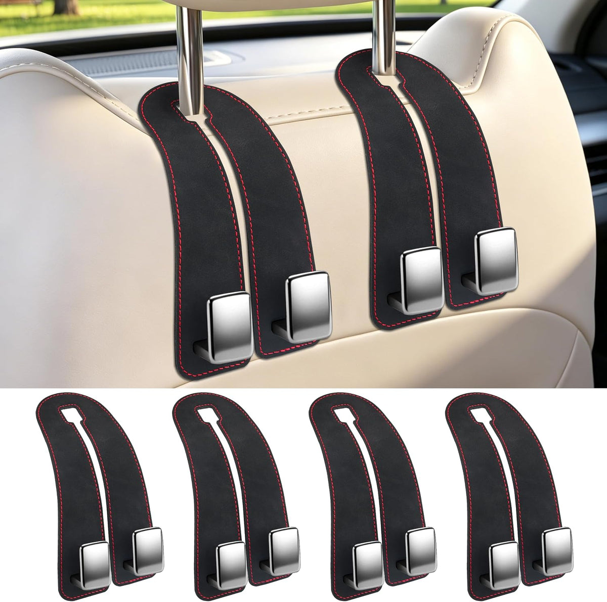Amooca Car Headrest Hooks 4-Pack Suede Seat Organizer with Metal Core