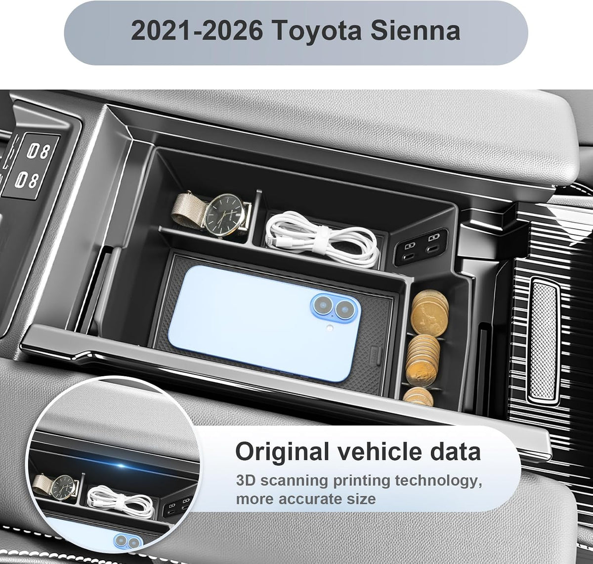 SKTU for 2025 2026 Toyota Sienna Accessories Center Console Organizer for 2021-2026 Toyota Sienna Console Tray 2026 Sienna ABS Console Organizer with Coin Holder (Not Fit Models with Refrigerator)