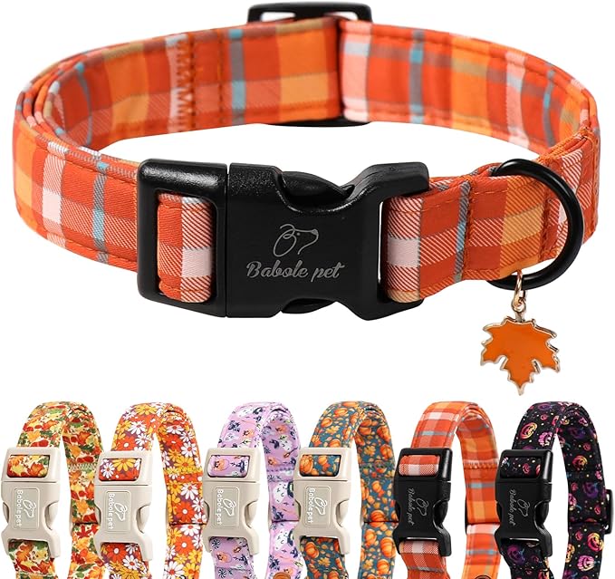 Fall Dog Collar Cute Orange Plaid Puppy Collar - Light Comfortable Adjustable Pet Collars for Small Medium Large Girl Boy Dogs S
