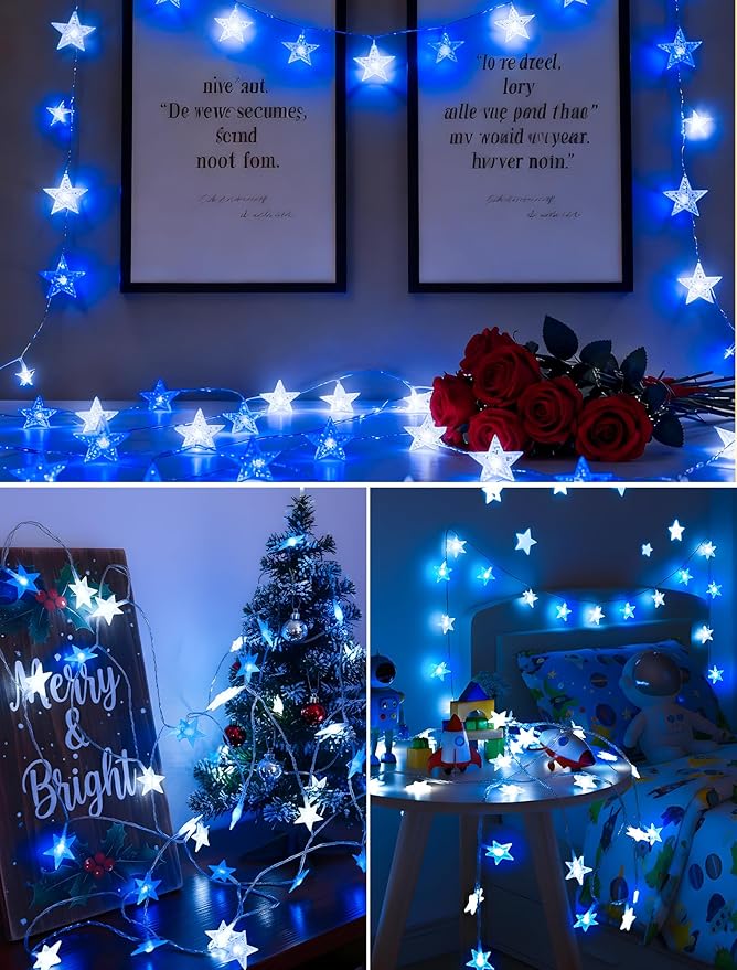 Star String Lights Plug in,33ft 100LED Fairy Lights with Remote, Hanging Star Decorations Lights Waterproof for Indoor Outdoor Bedroom Classroom Dorm Kids Tent Party Decor,Blue White