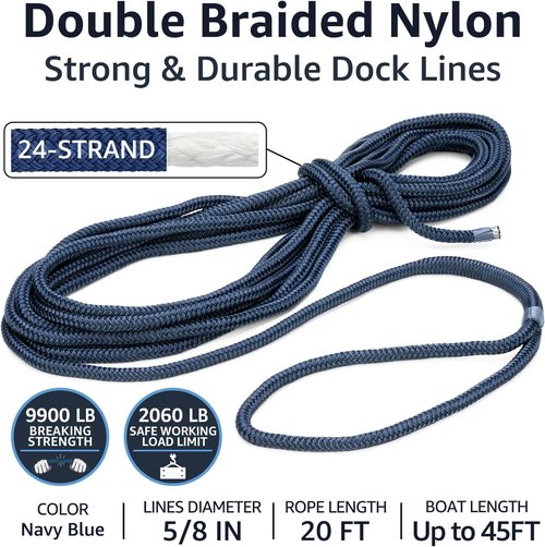 Double Braid 5/8" x 20' Boat Dock Lines | Heavy-Duty Nylon Ropes with 15" Spliced Eye – Durable Marine Lines for Pontoon & Light Boats (Navy Blue) - 4-Pack