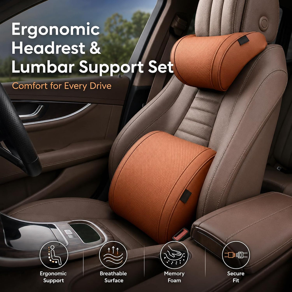 Ergonomic Headrest and Lumbar Support Set for CarSeats, Leather Car HeadrestPillows, Luxurious MemoryFoam Car NeckPillow (Orange, Headrest Cushion)