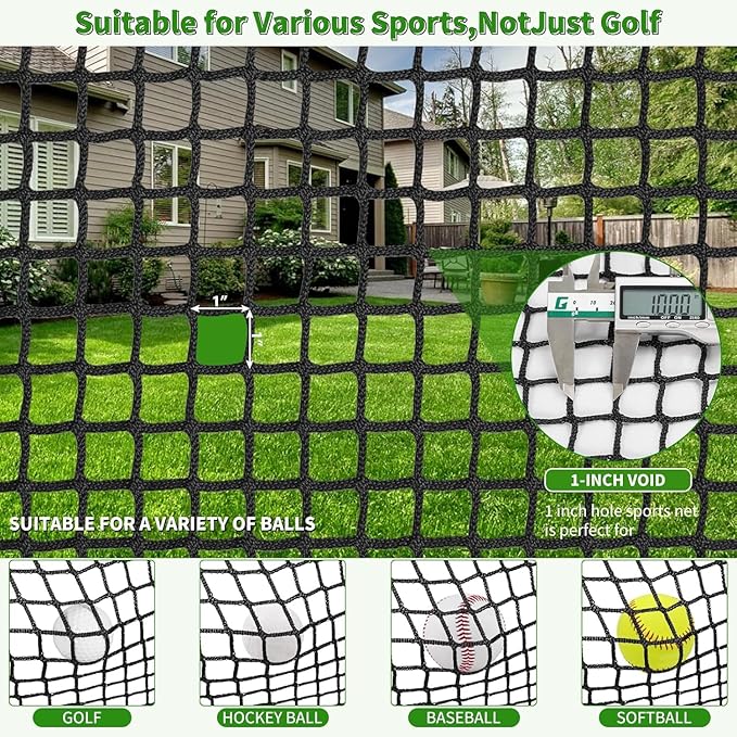 AKOZLIN Heavy Duty Sports Golf Netting Hitting Net 1" Square mesh for Softball,Baseball 10x10ft/10x15ft/10x20ft