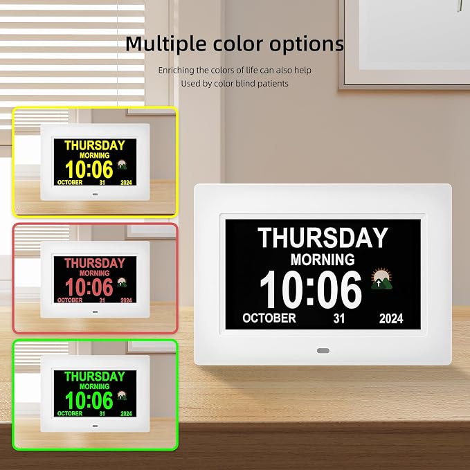 Dementia clock for seniors, 3 main interfaces, automatic dimming, digital