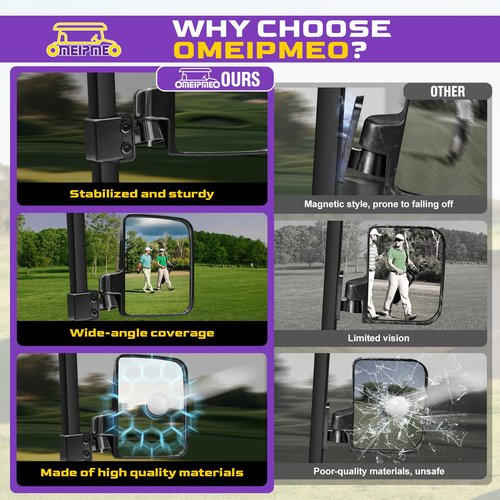 Golf Cart Side Mirrors, No Drilling Golf Cart Rear View Mirrors Universal for Club Car EZGO YAMAHA, Folding Golf Cart Mirrors with Multiple Size Clips, HD Shatterproof Glass Durable Anti-Shudder