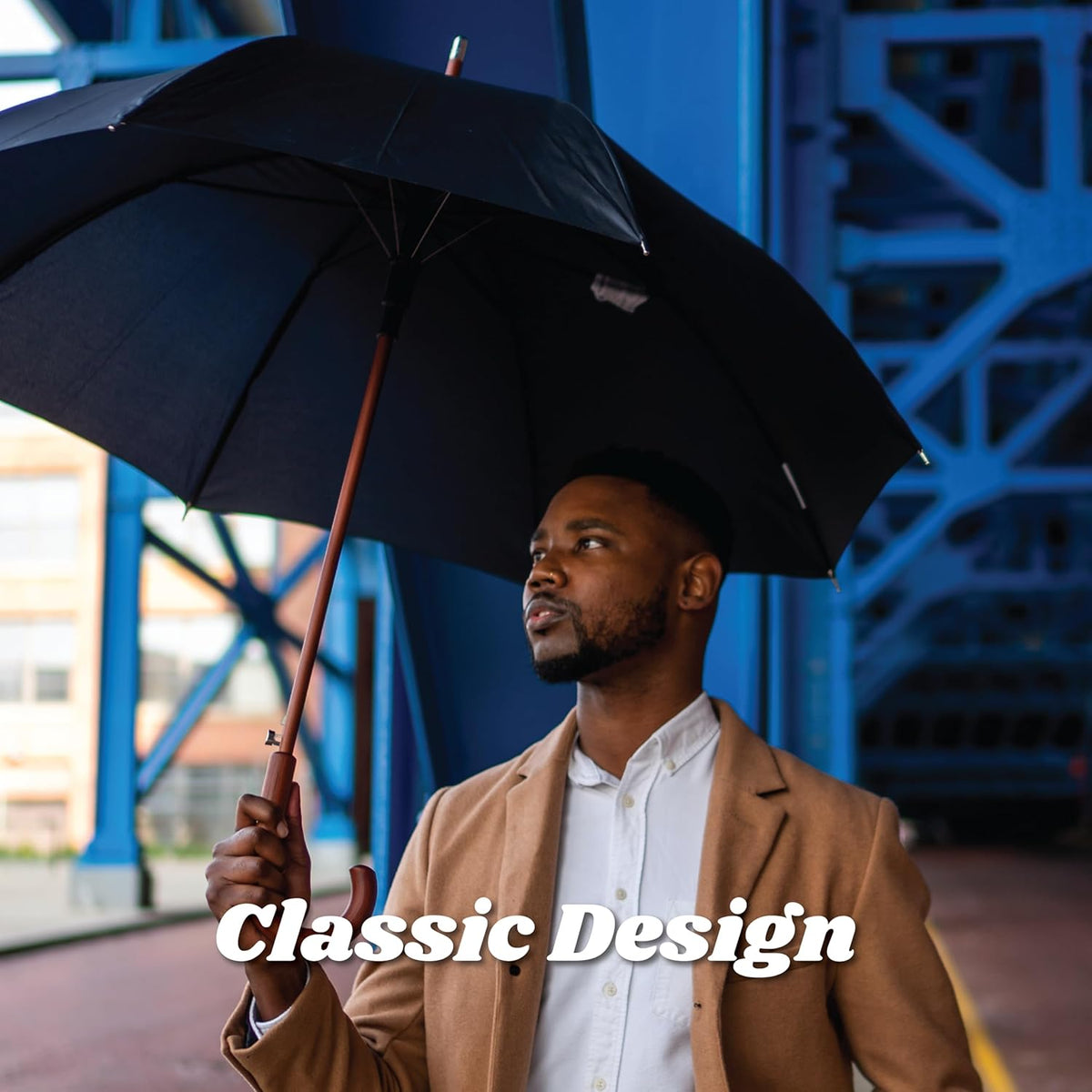 Tote's Men's Eco-Friendly Auto Open Wooden Handle J Stick Umbrella - Durable & Stylish Design
