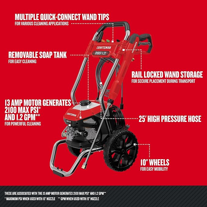CRAFTSMAN Electric Pressure Washer, Cold Water, 2100-PSI, 1.2 GPM, Corded (CMEPW2100)